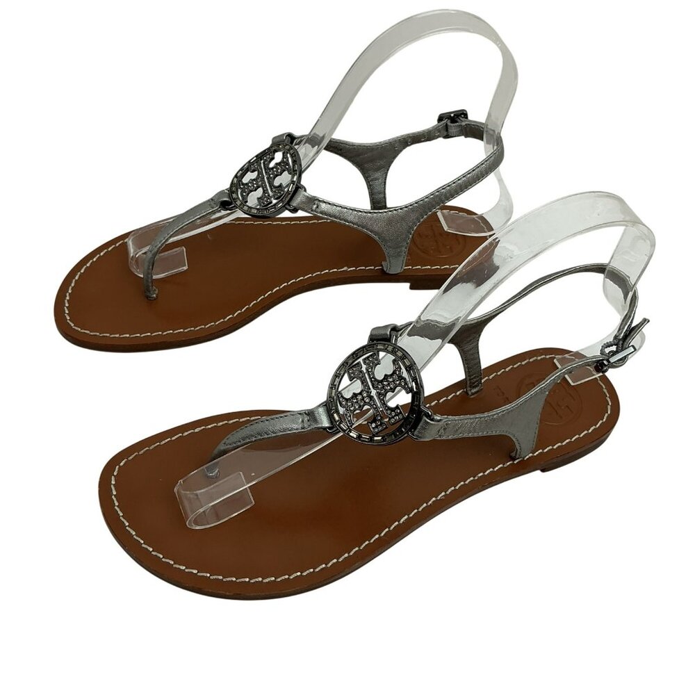 Tory Burch Crystal Metallic Logo Leather Slingback T-Strap Sandals Silver Tan - Picture 1 of 8